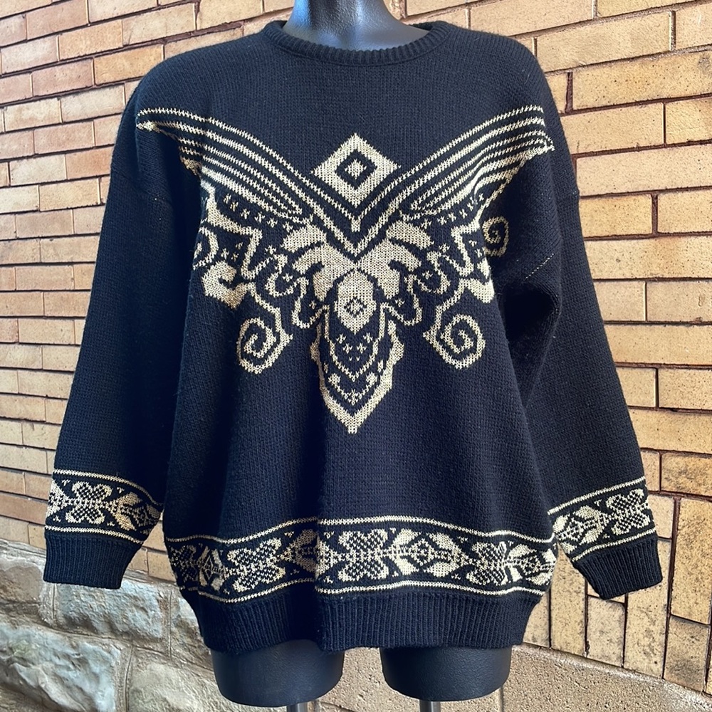 Vintage Adele Knitwear black gold metallic abstract sweater Measurements
